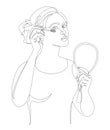 Basic RGBSilhouette of a lady. A woman does makeup, dyes her eyelashes in a modern style with one solid line and leaves. Sketches