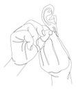 Lady`s hands. The woman wears the earring in a modern style with one solid line and leaves. Sketches for decor, posters, stickers,