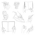 Collection. Man`s hands hold a needle, glass, book, iron, lipstick in a modern style with one solid line Sketches for decor, poste