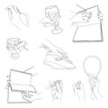 Collection. Man`s hands hold a needle, glass, book, iron, lipstick in a modern style with one solid line Sketches for decor, poste