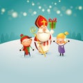 Saint Nicholas or Sinterklaas gives presents to children - winter night background