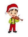 Cartoon little boy wearing christmas costume playing violin