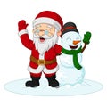 Cartoon santa claus with snowman waving hands Royalty Free Stock Photo