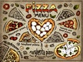 Sketch drawing poster of Pizzeria menu. Outline painting piece of pepperoni pizza, heart shaped margherita pizza