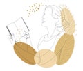 Silhouette of a lady. A girl reads a book in a modern single line style and leaves of plants. Solid drawing, home decor sketches,