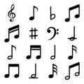 Music notes icon set. Music notes symbol. Music notes, song, melody or tune flat vector icon for musical apps and websites. Royalty Free Stock Photo