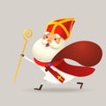 Cute Saint Nicholas or Sinterklaas running to town with gift bag - vector illustration Royalty Free Stock Photo