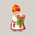 Cute Saint Nicholas or Sinterklaas with gift for you - 3D vector illustration