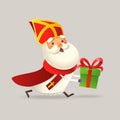 Cute Saint Nicholas or Sinterklaas running with gift - 3D vector illustration