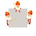 Saint Nicholas or Sinterklaas on left and right side of board and on top - grouped and isolated 3D vector illustration