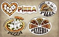 Sketch drawing colorful logo pizza in vintage style. Hand drawn line art italian food, mozzarella, pepperoni, Margherita pizza. Royalty Free Stock Photo