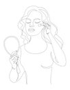 Silhouette of a lady. A woman does makeup, paints a blush in a modern style with one continuous line. Sketches for decor, posters,