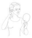 Silhouette of a lady. A woman does makeup, paints a blush in a modern style with one continuous line. Sketches for decor, posters,