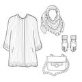 Set of hand drawn autumn clothes. Coat, scarf, handbag, gloves with simple patterns on white background. Doodles.