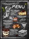 Sketch hand drawn poster of dessert menu with sketch cake, ice cream, gelato, tiramisu, cheesecake, croissant, macaron. Royalty Free Stock Photo