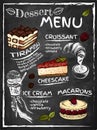 Sketch hand drawn poster of dessert menu with sketch cake, ice cream, gelato, tiramisu, cheesecake, croissant, macaron. Royalty Free Stock Photo