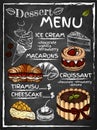 Sketch hand drawn poster of dessert menu with sketch cake, ice cream, gelato, tiramisu, cheesecake, croissant, macaron. Royalty Free Stock Photo