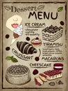 Sketch hand drawn poster of dessert menu with engraving cake, ice cream, gelato, tiramisu, cheesecake, croissant, macaron. Royalty Free Stock Photo