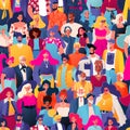 Seamless pattern. Crowd of variety, bright, fashionably dressed people.