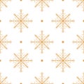 Golden snowflakes with snow on white background. Seamless Christmas winter abstract pattern. Royalty Free Stock Photo