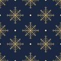 Golden snowflakes with  light snow on calm dark blue background. Seamless Christmas  winter abstract pattern. Royalty Free Stock Photo