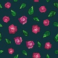 Pink hand drawn roses and leaves on dark blue-gray background. Seamless floral nature pattern. Royalty Free Stock Photo