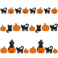 Seamless border halloween set with black cats and pumpkins. Royalty Free Stock Photo