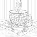 A cup of tea or coffee with wavy patterns, marshmallows, cherries on tablecloth, wooden table.