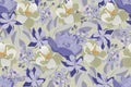 Floral vector seamless pattern. Blue, olive color peony, viola, columbine. Royalty Free Stock Photo