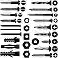 Screws / nuts / nails and wall plugs collection - vector silhouette