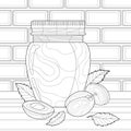 Glass jar with jam, plums and leaves on a table, brick wall. Food isolated illustration in the kitchen. Royalty Free Stock Photo