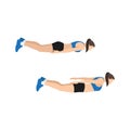 Woman doing Prone back extension exercise. Flat vector