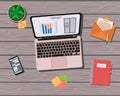Laptop with infographics on the screen, opened letter, smartphone, plant, stickers, pen, organizer on a wooden table. Royalty Free Stock Photo