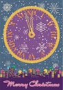 Merry Christmas 2022 Greeting Card, Clock Face and Night Cityscape Royalty Free Stock Photo