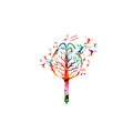 Colorful tree brain with pencil and musical notes isolated. Creative writing, composing music, education concept vector illustrati