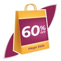 60 percent off. 3D Yellow shopping bag concept in white background.