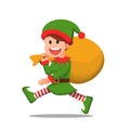 Elf boy carrying a large sack filled with gifts Royalty Free Stock Photo