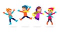 Happy children wearing winter clothes and jumping together