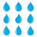 Collection of blue water droplets with different shapes. Water drop icon different shape. Water rain drops. Water drops collection Royalty Free Stock Photo