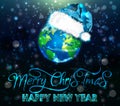 Merry Christmas greeting card with planet in Santa Claus hat, vector Royalty Free Stock Photo