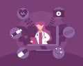 Illustration vector graphic female doctor holding book on monitor screen, surrounded by medical equipment