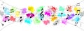 Vector Black Music Notes in Colorful Spatters and Splashes Background Banner Royalty Free Stock Photo