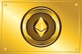 Crypto currency golden coin with ethereum symbol and obverse isolated on golden background