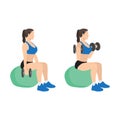 Woman doing exercise Swiss ball bicep curls with dumbbell.