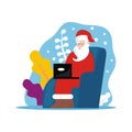 illustration vector ghraphic of santa claus is sitting on a chair and using a laptop Royalty Free Stock Photo