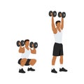 Man doing Dumbbell squat thrusters. squat to overhead press