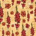 Orange seamless pattern of a floral image with gladiolus flowers and bouquets. Repeat background with garden plants and spring lea