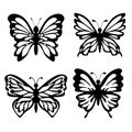Set of four silhouettes of butterflies on a white isolated background. Insect.