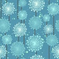 Dandelions seamless pattern with seeds and stems. Meadow and wild flowers repeat blue background. Fluffy and white floral vector Royalty Free Stock Photo