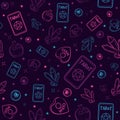 Occult and witchy seamless pattern with purple and blue elements. Tarot cards, precious gems, ouija board and flasks.